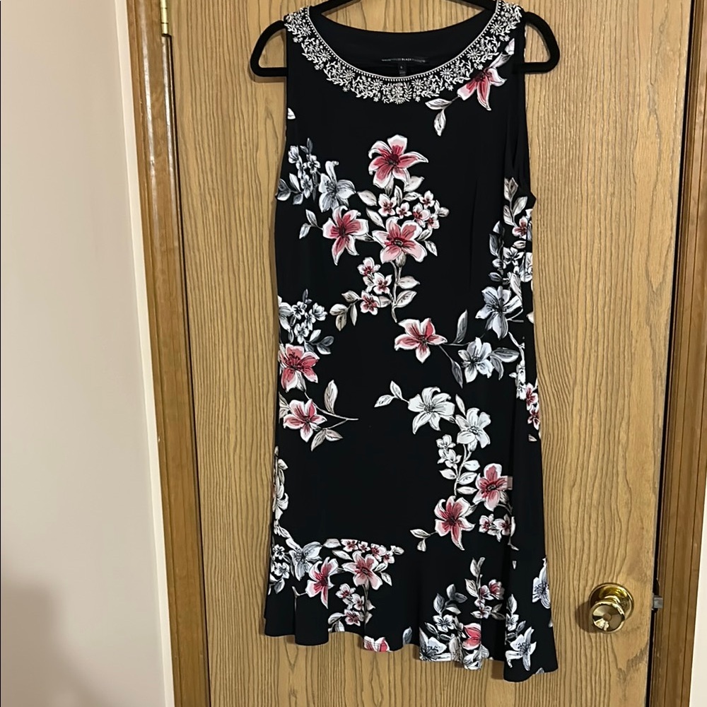 Floral Black Dress with Embellished Neckline
